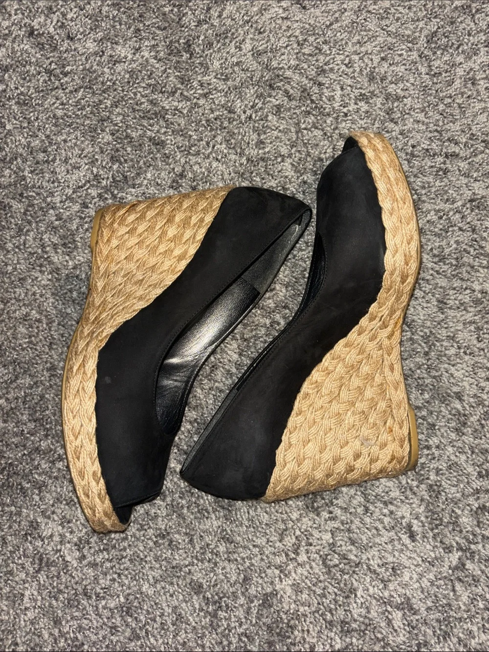 Stuart Weitzman Black Suede Peep-Toe Espadrille Wedges with Natural Jute